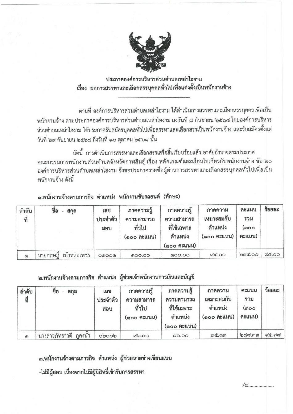 ผลการสรรหาและเลือกสรรบุคคลทั่วไปเพื่อแต่งตั้งเป็นพนักงานจ้าง